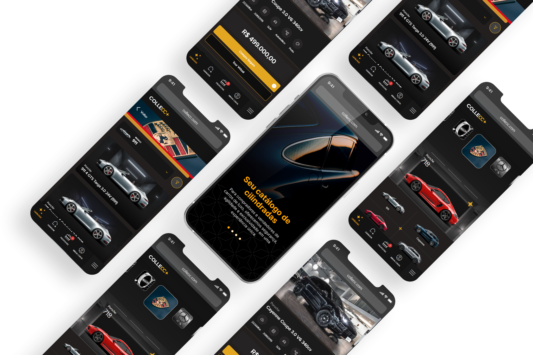 Telas de app mobile — catálogo de veículos premium