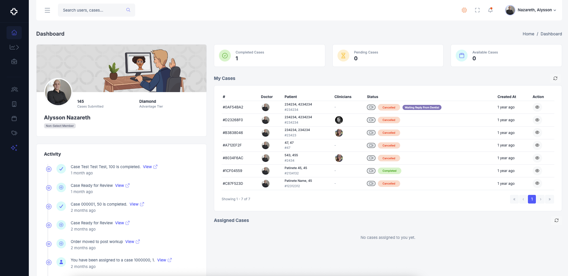 Dashboard de gestão de casos ortodônticos