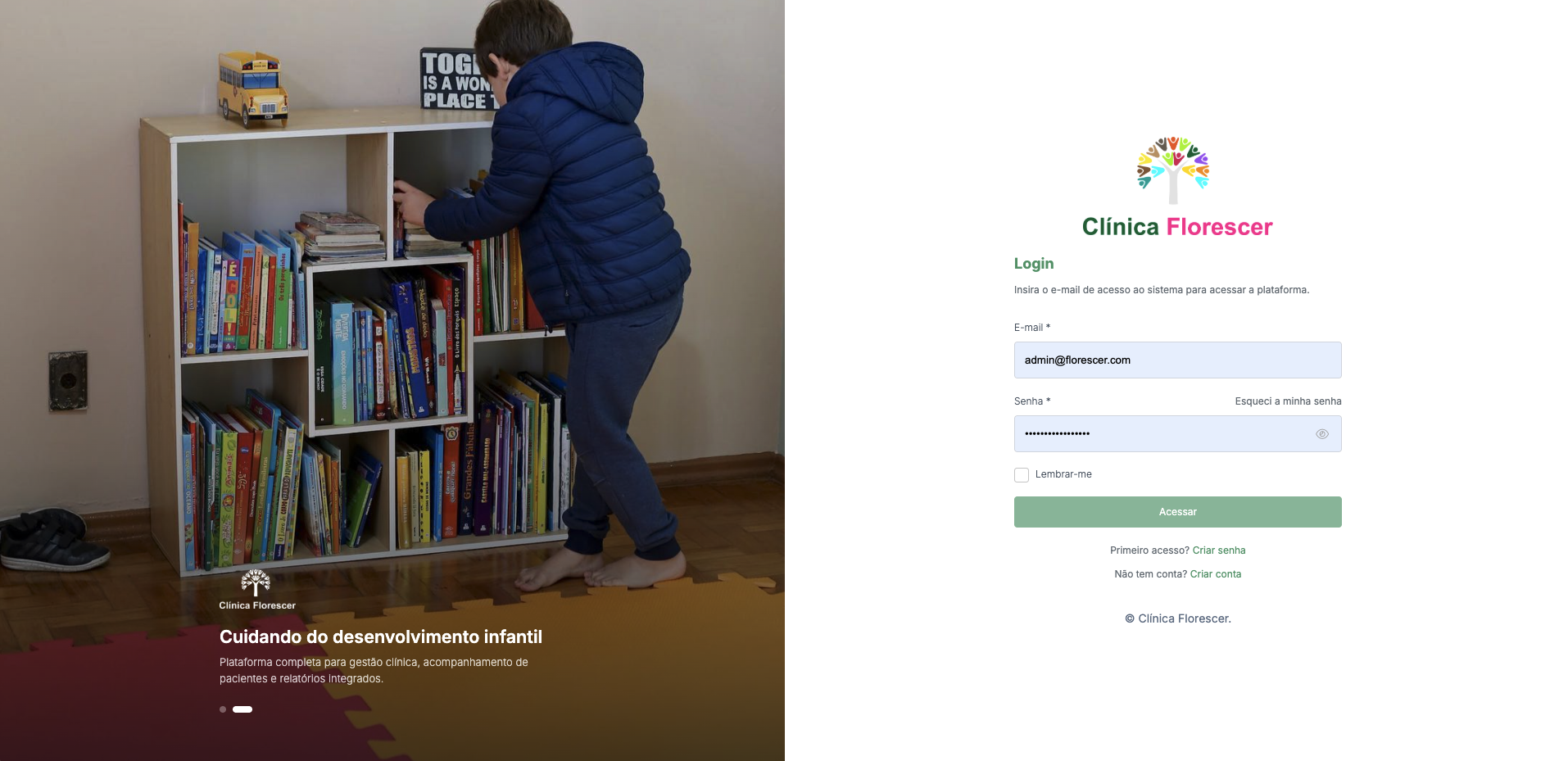 Tela de login da plataforma clínica